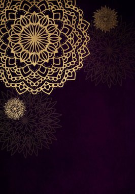Altın Mandala 'lı klasik mor tebrik kartı. Davetiye, broşür, broşür, kartpostal, duvar kâğıdı, dekorasyon ya da herhangi bir arzu edilen fikir için harika..