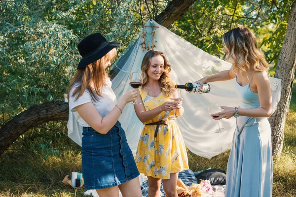 Skupina přátel dívek dělat piknik venkovní — Stock fotografie