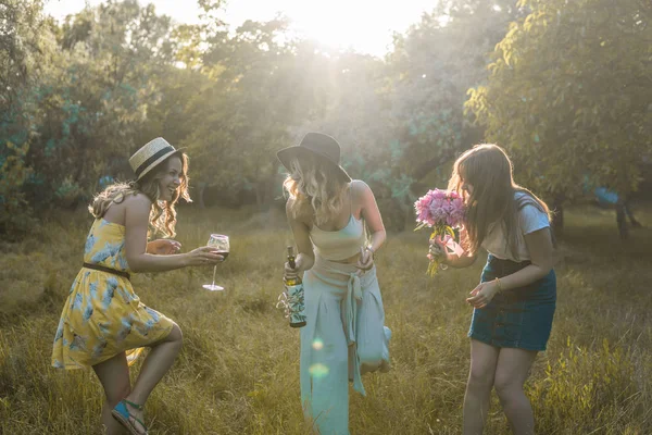 一群女孩朋友在户外做野餐。他们有乐趣 — 图库照片
