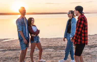 birlikte yürüyüş sırasında sunset beach üzerinde çift arkadaşlar