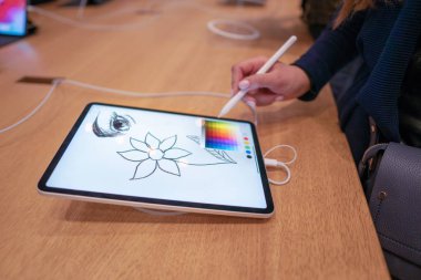 grafik tasarımcı kız stylus kalem ile dijital tablet ekranda kroki çizim