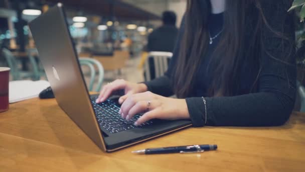 Vista de cerca de la mujer Las manos escribiendo en un teclado portátil — Vídeo de stock