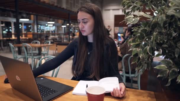 Молодая, красивая девушка работает с ноутбуком и пьет кофе за деревянным столом — стоковое видео