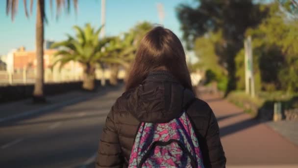 Touristin mit Rucksack auf dem Rücken spaziert die Palmenpromenade entlang — Stockvideo