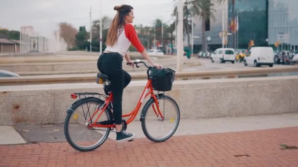 Young woman or girl riding bicycle pedalling next to palm trees — Stock Video