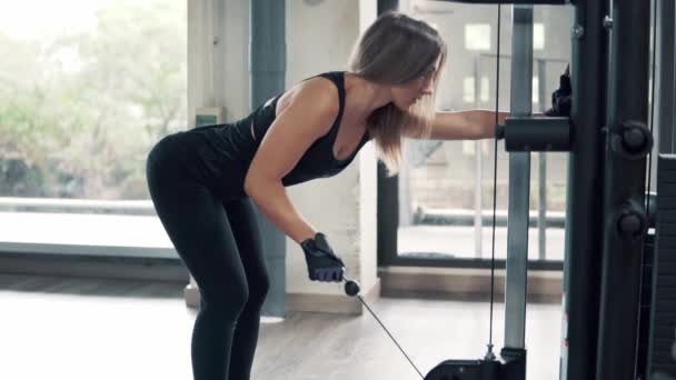 Shot of Young fit woman doing triceps exercise using training machine in gym — Stock Footage Shot of Young fit woman doing triceps exercise using training machine in gym Royalty Free Stock Footage