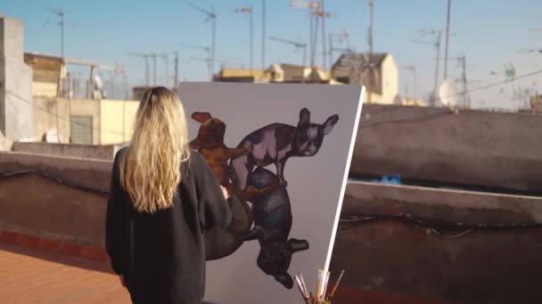 Jeune femme peintre dessin à la maison toit — Video