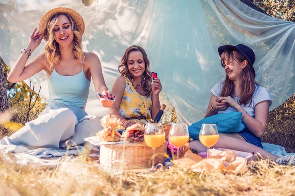 小组女孩朋友做野餐户外 — 图库照片