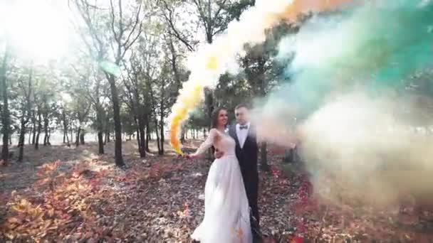 Romantic wedding moment, Loving new couple outdoor. — Stock Video