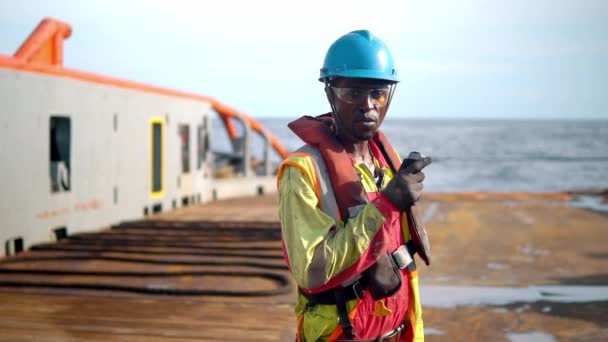 Seaman AB or Bosun on deck of vessel or ship — Stock Video