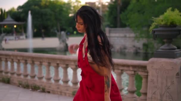 Ladyboy dövmeli transseksüel modeli yeşil parkta dans ediyor — Stok video
