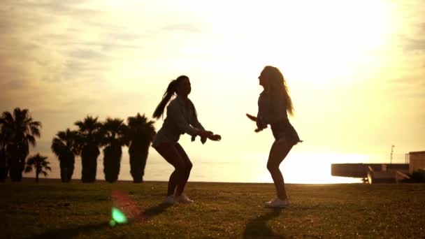 Gün batımının tadını çıkarırken sahilde zıplayan mutlu kız kardeşler veya arkadaşlar — Stok video