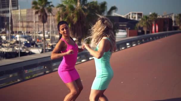 Lyckliga bästa vänner eller systrar som dansar och poserar — Stockvideo