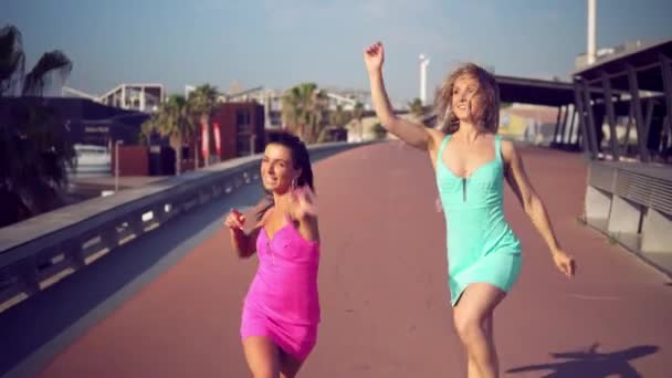 Felices mejores amigas o hermanas bailando y posando — Vídeos de Stock