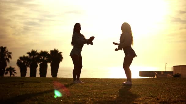 Hermanas felices o amigos saltando a la playa disfrutando del atardecer — Vídeo de stock