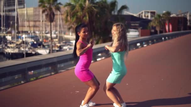 Счастливые лучшие друзья или сестры танцуют и позируют — стоковое видео