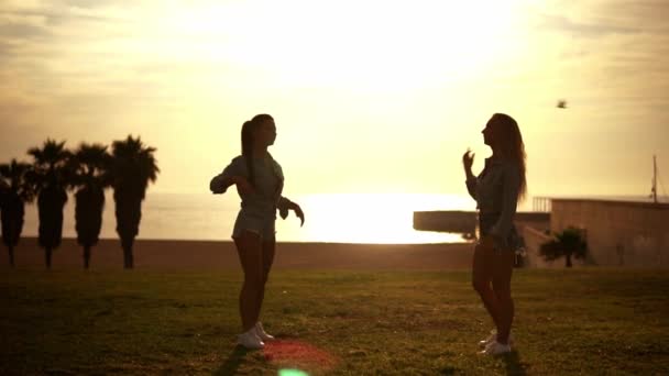Счастливые сестры или друзья, прыгающие на пляже, наслаждаясь закатом — стоковое видео