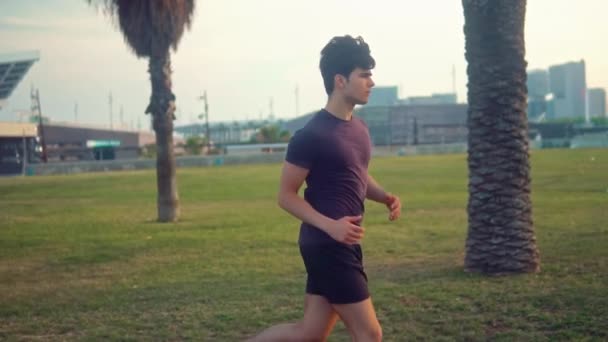 Jeune homme athlétique courant au parc de palmiers près de la plage — Video