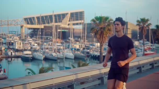 Hombre atlético joven corriendo en el parque de palmeras cerca de la playa — Vídeo de stock