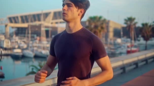 Ung atletisk man kör på Palm Tree Park nära stranden — Stockvideo