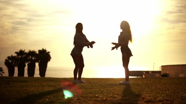 Hermanas felices o amigos saltando a la playa disfrutando del atardecer — Vídeo de stock