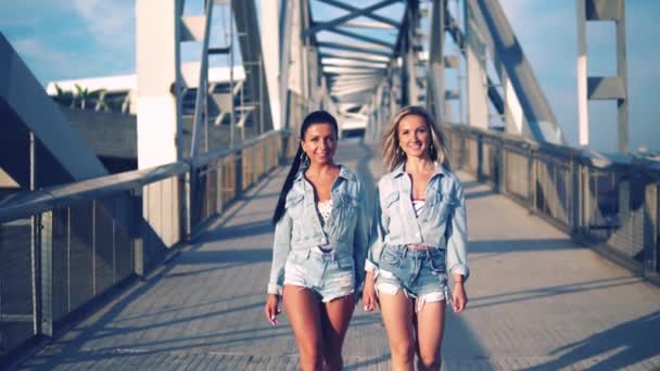 Migliori amici o sorelle felici che camminano insieme . — Video Stock