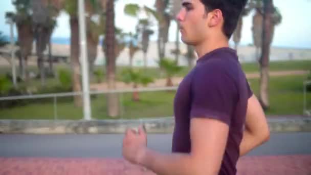 Mladý atletický muž běžícím v Palm Tree Park nedaleko pláže — Stock video