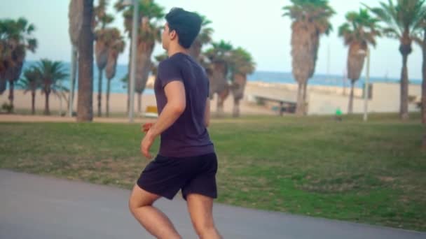 Hombre atlético joven corriendo en el parque de palmeras cerca de la playa — Vídeos de Stock