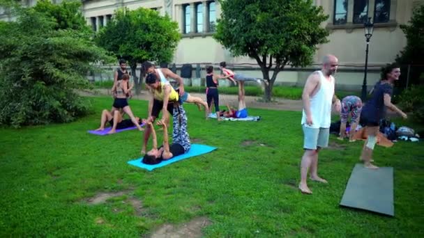 공원에서 열리는 아크로요가에 대한 그룹 레슨 — 비디오