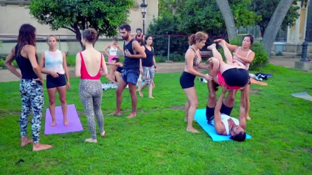 Parkta gerçekleşen akrostiş yoga üzerine bir grup dersi — Stok video