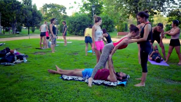 Lekcja grupowa na akroyoga, która odbywa się w parku — Wideo stockowe