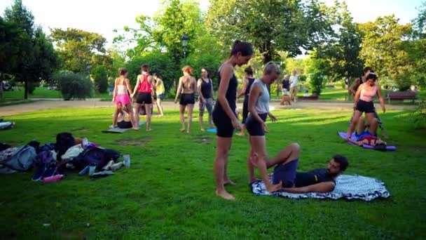 Una lección de grupo sobre acroyoga que tiene lugar en el parque — Vídeos de Stock