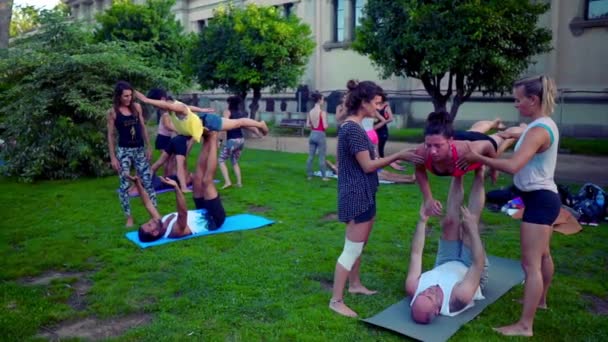 Uma lição de grupo sobre acroyoga que ocorre no parque — Vídeo de Stock