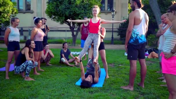 Una lección de grupo sobre acroyoga que tiene lugar en el parque — Vídeos de Stock