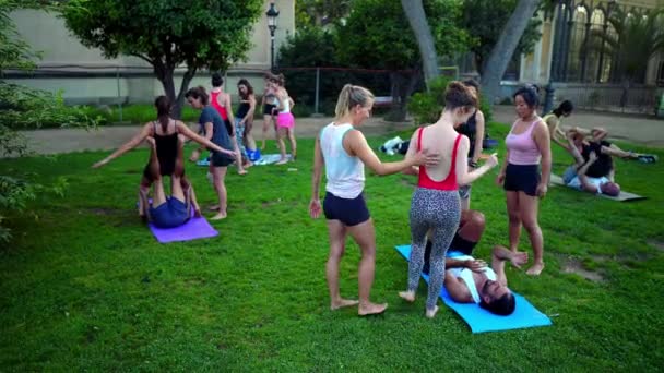 Uma lição de grupo sobre acroyoga que ocorre no parque — Vídeo de Stock