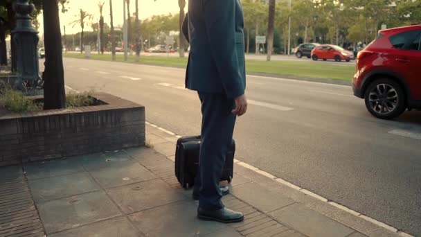 Индийский бизнесмен в синем костюме стоит с дорожной сумкой или чемоданом — стоковое видео