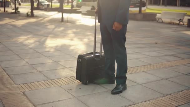 Homme d'affaires indien portant un costume bleu debout avec un sac de voyage ou une valise — Video