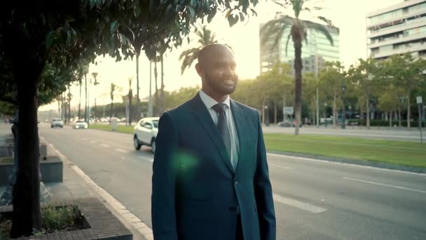 オフィスやホテルの近くに立つ青いスーツを着たインドのビジネスマン. — ストック動画