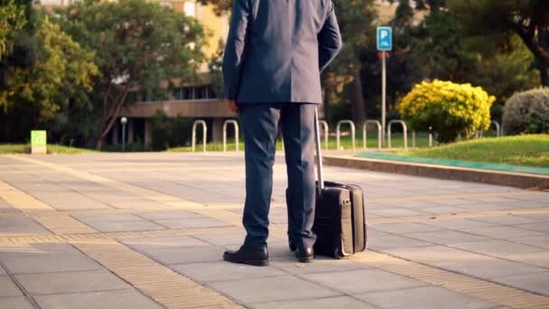 Hombre de negocios indio con traje azul de pie con bolsa de viaje o maleta — Vídeos de Stock