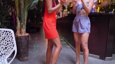 İki çekici genç bayan arkadaş birlikte kokteyl içiyorlar.