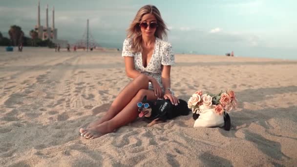 Perro pequeño llamado Artur con dueño, mujer joven, jugando en la playa — Vídeos de Stock