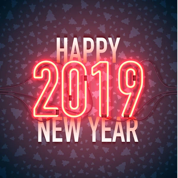 Happy New Year Neon Sign 2019 Dark Background Christmas Related — Stock Vector