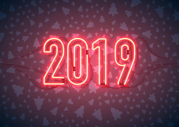 Mutlu yeni yıl ile neon tabela 2019 koyu arka plan üzerinde. Noel süsler nesneleri renk arka plan üzerinde ilgili. Tasarımınız için tebrik kartı hazır. Vektör çizim.