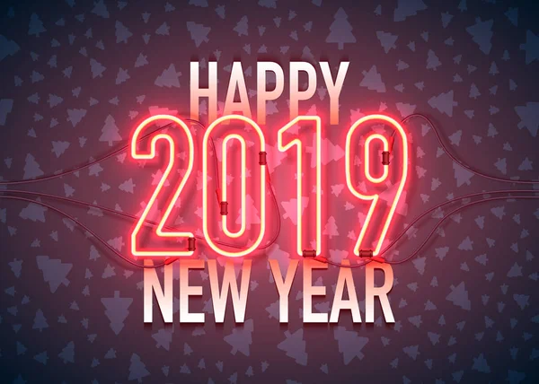 Happy New Year Neon Sign 2019 Dark Background Christmas Related — Stock Vector