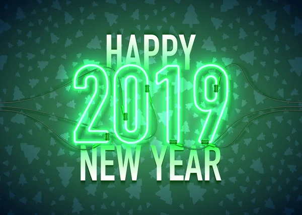 Neon 2019 happy new year green — Stock Vector