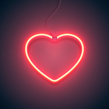 Parlak bir kalp. Neon işareti. Mor arka planda Retro neon kalp işareti. Sevgililer Günü için tasarım öğesi. Tasarımına, tebrik kartına ve afişine hazırım. Vektör illüstrasyonu.