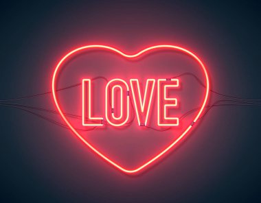 Parlak kalp. Neon işareti. Retro neon kalp kelime aşk ile mor arka plan oturum. Öğe Happy Valentine's Day için tasarım. Tasarım, tebrik kartı, afiş için hazır. Vektör çizim.