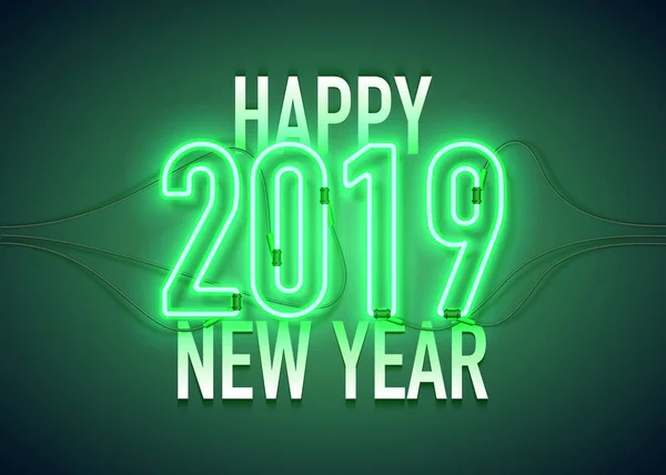 Neon 2019 happy new year green — Stock Vector