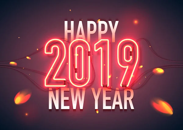 Neon 2019 happy new year sparks — Stock Vector