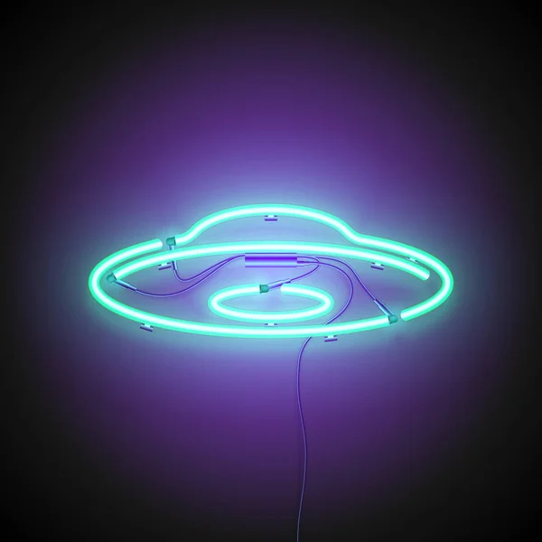 Leuchtreklame Ufo Retro Leuchtschrift Mit Fliegender Untertasse Auf Dunklem Hintergrund Stockvektor